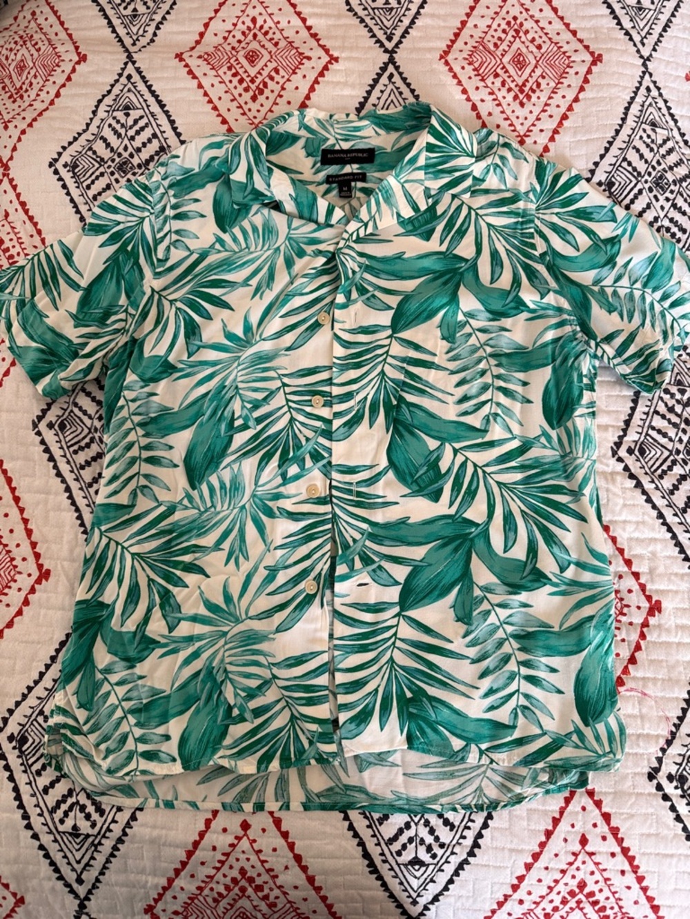 Banana Republic Green and White Tropical Leaf Button-Down Shirt